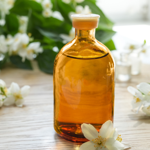 Bottle of herb and floral flavour blend with botanical elements such as petals and leaves.