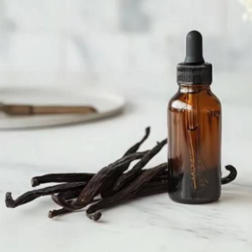 Amber bottle containing sweet flavour blend with dessert-inspired ingredients such as vanilla or caramel.